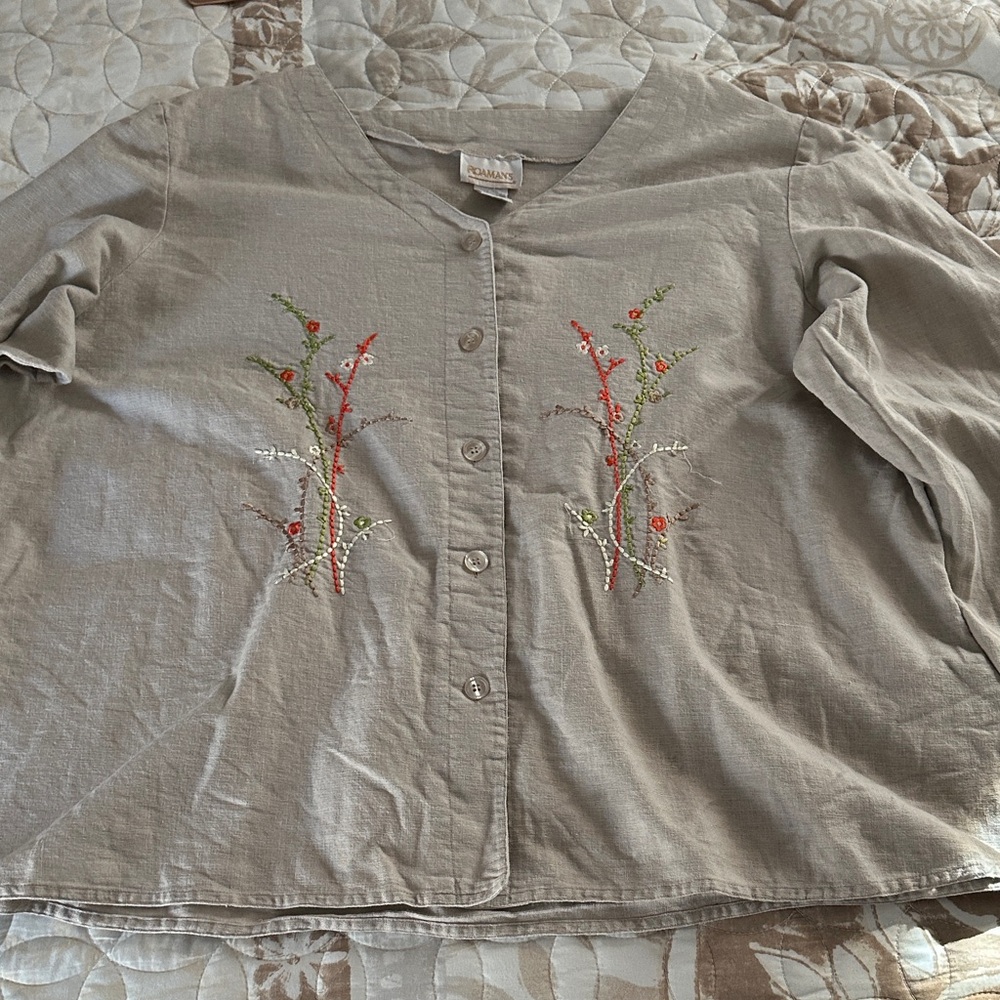 Roaman's Linen-Cotton Blend Top in Neutral with embroidery size 4